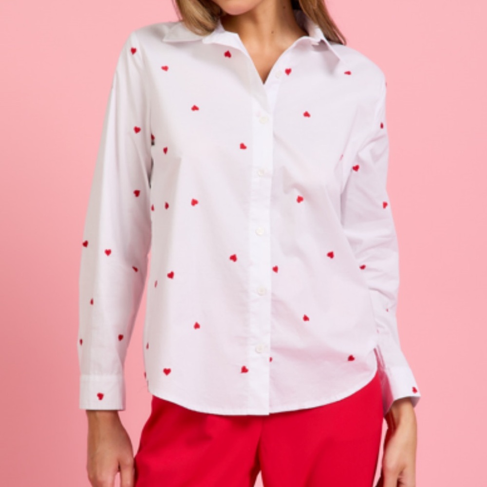 New with tags. Heart embroidered button up white top.